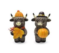 Bullpiano Highland Cow Figurines Autumn Pumpkin Maple Highland Cow Gnomes Leaf Scottish Resin Statue Calf Lovers Gifts for Fall Home Garden Kitchen Office Tiered Tray Table Decor