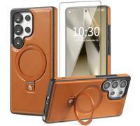 Bullroye for Samsung Galaxy S23 Ultra Case with Stand Magnetic, Compatible with MagSafe Ring Leather Case, with Ring Holder Kickstand Military Grade Protective Shockproof, Brown