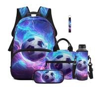 Bulopur 5 PCS Kids Backpack Flame Soccer Backpack for School Boys 12 Years With Lunch Box Pencil Pouch Water Bottle Holder Keychain Bookbag and Lunch Box Set for Middle School Boys Soccer Lovers Gifts