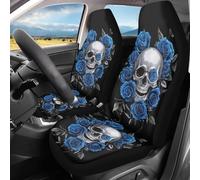 Bulopur Skull Blue Rose Car Seat Cover Set Soft Fabric Elastic Automotive Seat Covers 2 Pack Universal Vehicle Interior Accessories Halloween Car Decor