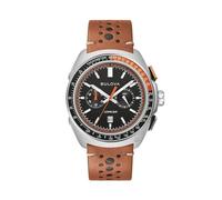 Bulova Chrono Racer men's watch black background 98B427 steel case brown leather strap