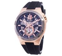 Bulova Mens Maquina Rose Gold Plated Automatic Skeleton Dial Black Rubber Strap Watch 98A177