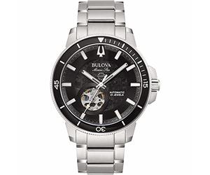 Bulova Marine Star 96A290 automatic men's watch steel black background