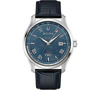 Bulova Men's Analogue Automatic Watch with Leather Strap 96B385, Silver-Black-Blue, Strap.