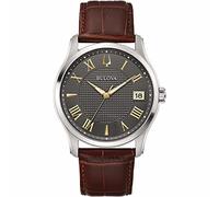 Bulova Men's Analogue Quartz Watch with Leather Strap 96B389, Silver-Brown-Grey, Strap.