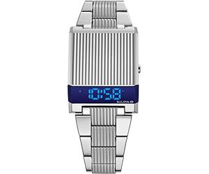 Bulova Mens Archive Series LED Computron Stainless Steel Watch, Silver Stainless Steel/Blue LED Indicator, Standard Size, Archive Series: Computron - 96C139