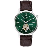 Bulova Men's Classic Aerojet 3-Hand Automatic Leather Strap Watch, Open Aperture, 40-Hour Power Reserve, Double Curved Mineral Crystal, 41mm, Brown Strap/Green Dial