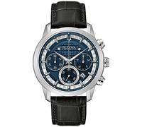 Bulova Men's Classic Sutton 6-Hand Chronograph Quartz Silver Stainless Steel Case Watch with Black Leather Strap, Blue Dial, 44mm Style: 96B420, Silver, Classic