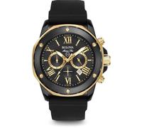 Bulova Men's Designer Chronograph Watch Rubber Strap - Water Resistant Black Gold Marine Star 98B278