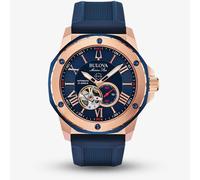 Bulova Mens Marine Star Rose Gold Plated Automatic Blue Dial Rubber Strap Watch 98A227