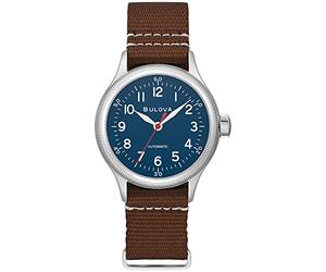 Bulova Men's Military A11 Stainless Steel 3-Hand Hack Automatic Watch, Brown Leather Strap and Blue Dial Style: 96A282, Silver, Automatic Watch