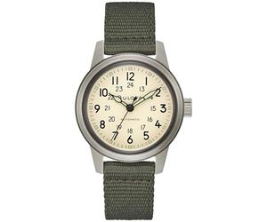 Bulova Men's Military Hack Automatic Black PVD-Coated Stainless Steel Case and Green Nylon Strap Watch, Ivory Dial Style:98A307