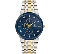 Bulova Men's Multi-Function 3-Hand Quartz Watch with Diamond Dial, Edge to Edge Crystal, Two Tone Gold/Blue Dial, Modern Diamond