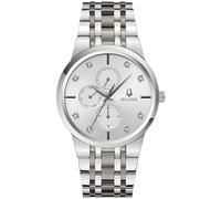 Bulova Men's Multifunction Quartz Watch 3 Hands Diamond Dial Crystal Edge to Edge, Stainless Steel/Silver Dial, Modern