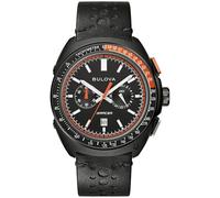 Bulova Men's Racer Chronograph Watch Black Leather Perforated Strap, Black Dial, Luminous Markers, Orange Accents, Tachymeter 42mm (Style: 98B428)