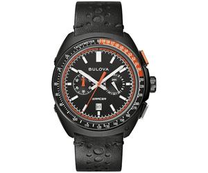 Bulova Men's Racer Chronograph Watch Black Leather Perforated Strap, Black Dial, Luminous Markers, Orange Accents, Tachymeter 42mm (Style: 98B428)