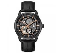 Bulova Mens Watch Steel Case Black Leather Strap Automatic 98A283