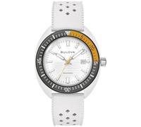 Bulova Oceanographer Snorkel Ceramic Case and White Perforated Rubber Strap Watch, Day Date 100M WR, Gold Tone, Snorkel Quartz White Hybrid-Ceramic Rubber
