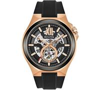 Bulova Mens Maquina Rose Gold Plated Automatic Skeleton Dial Black Rubber Strap Watch 98A177