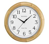 Bulova Wooden Atomic Analog Wall Clock, C5005 Atomic Time 3, Sets Automatically, Quartz Battery