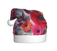 BULQAPZDF Red Pink Flowers Adult Christmas Hat With Fluffy Pom Pom - Festive Soft Plush Santa Hat For Xmas Party