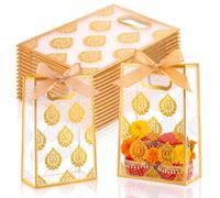 Bulyoou 10 Pcs Indian Return Plastic Gift Bags for Wedding Bulk 10 x 7 Inches Hindu Religious Pooja Wedding Party Favor Bags with Handle Small Diwali Pouch for Indian Housewarming (Paisley,Gold)