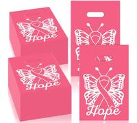 Bulyoou 100 Pcs Breast Cancer Awareness Gift Bags Bulk 12 x 8 Inch Pink Ribbon Awareness Month Plastic Goody Treat Bags with Handles for Events Men Women Teens