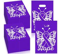 Bulyoou 100 Pcs Purple Ribbon Gift Bags Bulk 12 x 8 Inch Domestic Violence Awareness Plastic Goody Treat Cancer Awareness Bag with Handles for Events Men Women Teens