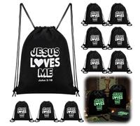 Bulyoou 15 Pcs 2026 VBS Jesus Loves Me Drawstring Backpacks Bulk 12 x 15 Inch Christian Glow in The Dark Bible Religious Illumination Themed Gift String Bag Sunday School Supply