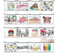 Bulyoou 16 Pcs City Cosmetic Bag New York Souvenir Gifts Makeup Bag Italy Los Angeles Travel Vacation Zipper Pouch Purse for Women Birthday Trip Gifts Party Favors, bright color, Los Angels