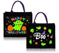 Bulyoou 2 Pcs Halloween Canvas Candy Tote Bag with Handle, Glow in the Dark Happy Halloween Ghosts Reusable Bags, Black Body and Purple Handles