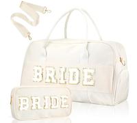 Bulyoou 2 Pcs Wedding Weekender Bag Bride Groom Duffle Bag Chenille Letter Patch Travel for Bridal Shower Honeymoon Gift, White, Bride, Bride