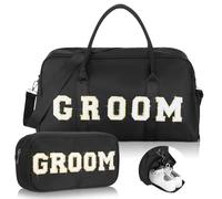 Bulyoou 2 Pcs Wedding Weekender Bag with Shoes Compartment Shoulder Bag with Chenille Letter Patch for Engagement Honeymoon (Black,Groom)