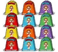 Bulyoou 24 Pcs Religious Drawstring Bags Bulk Christian Gift Bags, Jesus Loves You Vbs Backpacks for Sunday School, Bible Drawstring Backpack Graduation Church Camp Party Favors