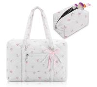 Bulyoou 3 Pack Coquette Bag with Bow Keychain White Pink Floral Travel Duffle Handbag Floral Makeup Bag for Women Cute Sweetly Bunny Quilted Puffer Tote for Travel Family Toiletry Preppy Christmas