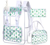 Bulyoou 3pcs Clear Backpack Heavy Duty See Through Bookbag with Lunch Bag Pencil Case Key Chain for Women Stadium Approved(Cactus)