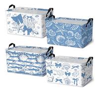 Bulyoou 4 Pcs Coastal Beach Storage Basket Fabric Laundry Baskets with Handle Summer Ocean Blue Bow Foldable Organizer Boxes for Office Home Bedroom Baby Cloth Toy Book 15 x 10 x 8