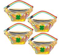 Bulyoou 4 Pcs St Patrick's Day Fanny Pack Holographic Rainbow Belt Bag Gold and Green Zipper Pocket Waist Bag Waist Pack for Saint Patrick's Costumes, gold green and rainbow