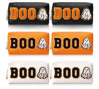 Bulyoou 6 Pcs Halloween Makeup Bags with Boo Chenille Patch and Ghost, PU Leather Cosmetic Bag Set, Portable Travel Toiletry Pouch for Women, Cute Spooky Boo Basket Gift Accessories(Classic Color)