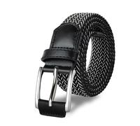 BUMA Men's Stretch Woven Braided Belt 1 3/8 for Golf and Casual - Leather Buckle, Black & White, 28 - 31 (Waist Adjustable)