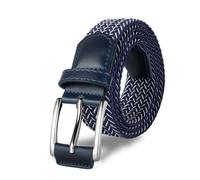 BUMA Men's Stretch Woven Braided Belt 1 3/8 for Golf and Casual - Leather Buckle, Blue & White, 38 - 42 (Waist Adjustable)