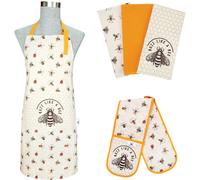 (Bumble Bee) 5-Piece Kitchen Linen Set: Apron, Double Oven Gloves & 3 Tea Towels