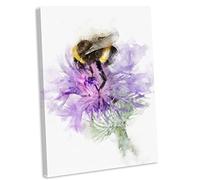 Bumble Bee on Thistle Flower Canvas Print - Framed Watercolour Painting Wall Art Picture (10x16 Inch / 25x40cm)