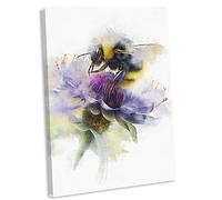 Bumble Bee On Thistle Flower Canvas Wall Art Print Framed Watercolour Style Picture No.3 (76x51cm / 30x20inch)