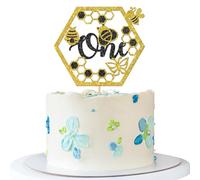 Bumble Bee One Cake Topper - Bee Themed Baby Shower Party Cake Supplies - Happy Bee Day - Baby 1st Birthday Party Decoration - Black Gold Glitter