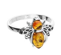 Bumble Bee Ring, Cognac, 925 Sterling Silver, Baltic Amber, Sizes M-R (O)