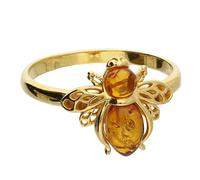 Bumble Bee Ring, Cognac Amber, Statement, 24k Yellow Gold on Sterling Silver 925, 13mm x 15mm, Baltic Amber (M)