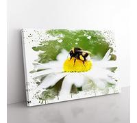 Bumble Bee White Daisy V3 Modern Canvas Wall Art Print Ready to Hang, Framed Picture for Living Room Bedroom Home Office Décor, 76x50 cm (30x20 Inch)