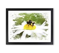 Bumble Bee White Daisy V3 Modern Framed Print | A2 Black Framed Wall Art | Ready to Hang | Modern Floral Picture | Living Room Bedroom Lounge Office