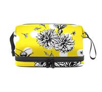 Bumble Bees and Flowers Double Layer Cosmetic Bag for Women and Girls, Travel Toiletry Bag Makeup Handy Pouch Organiser Bag with Brush Compartment